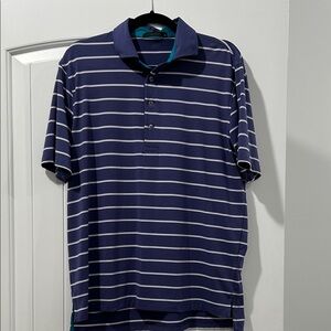 Greyson Purplish Navy and White Striped Polo Shirt Medium